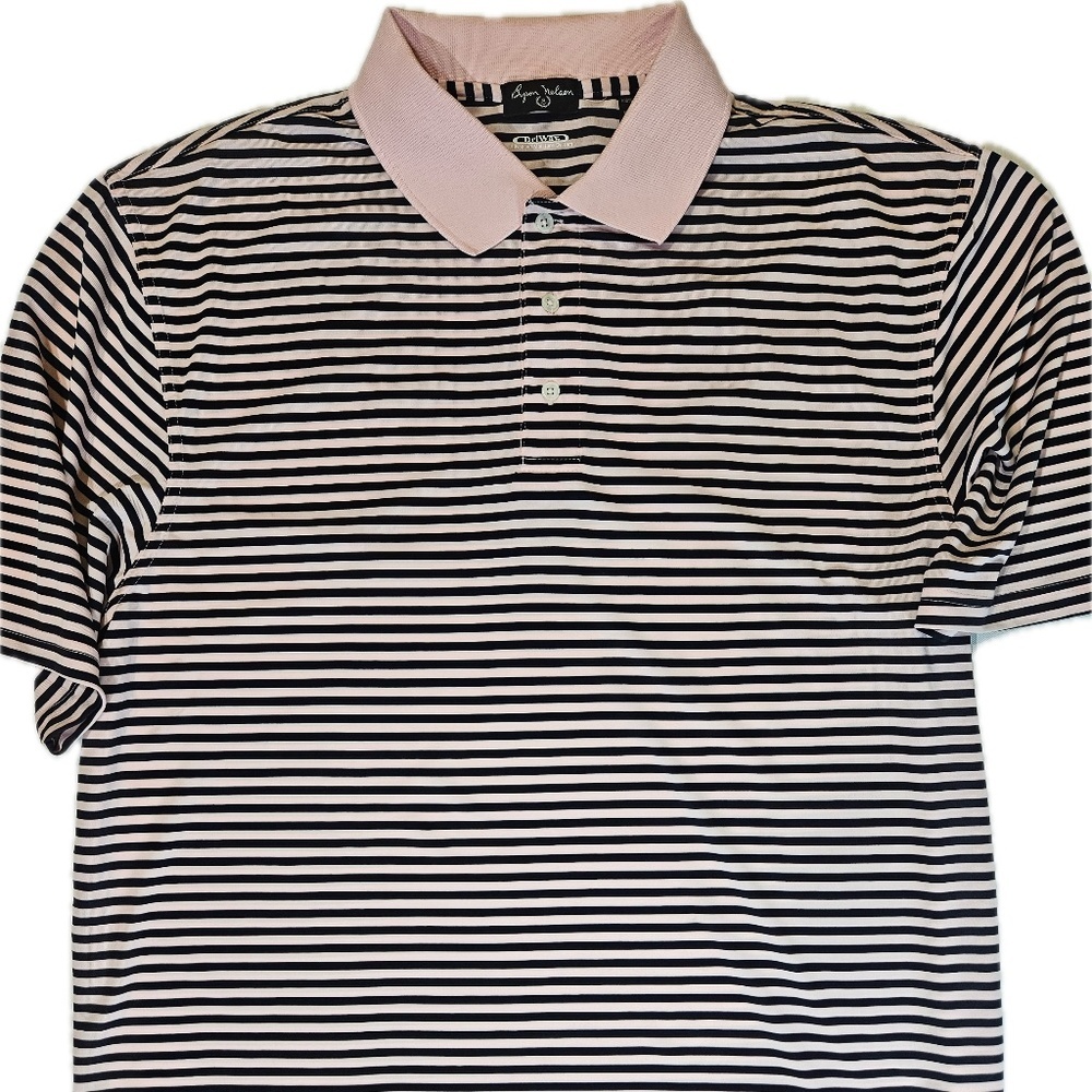 Byron Nelson Polo Shirt Mens XL Pink‎ Black Striped DriWay Golf Short Sleeve